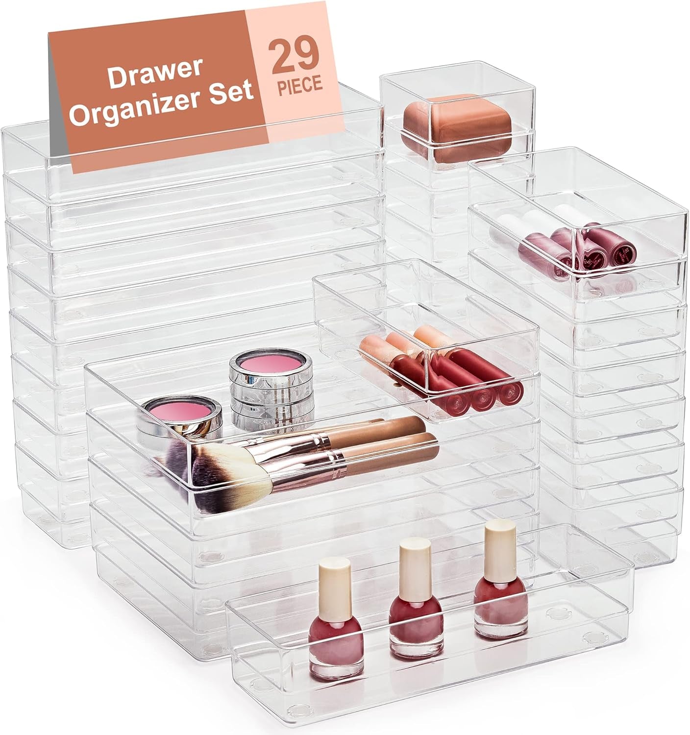 22-Piece Drawer Organizer with Non-Slip Silicone Pads, 4-Size Clear Desk Drawer Organizer Trays Storage Tray for Makeup, Jewelries, Utensils in Bedroom Dresser, Office and Kitchen, Clear