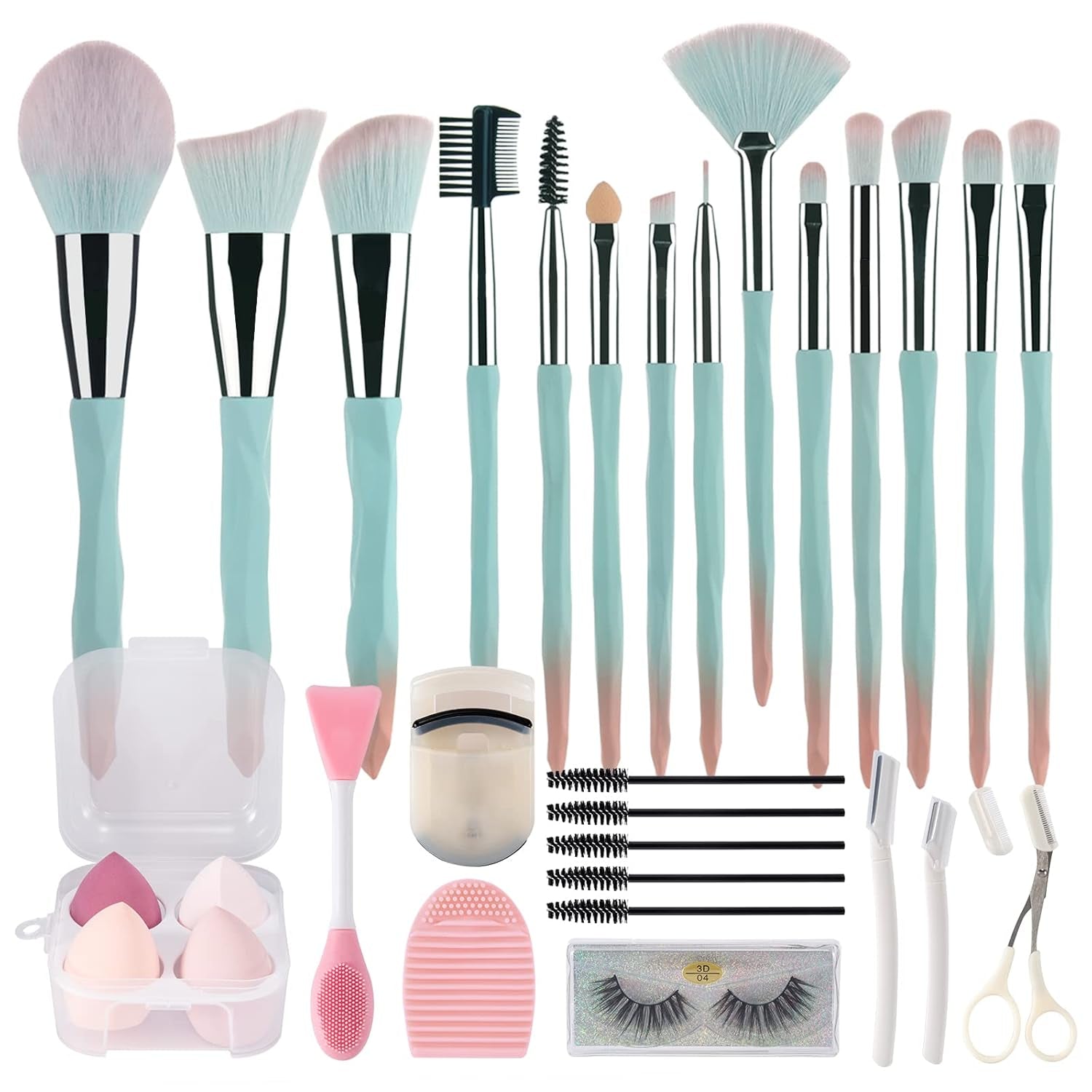 30Pcs Pink Blue Gradient Makeup Brush with Makeup Sponges Makeup Tools Set Makeup Brush Set Natural Synthetic Eye Shadow Foundation Make-Up Facial Mixed Powder Blusher Concealer Eye Makeup Brush Set