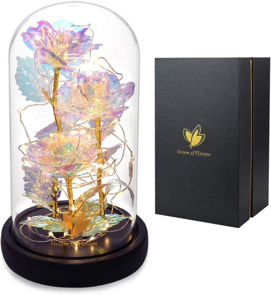 Mothers Day Forever Gifts for Mom, Colorful Flowers Rose in Glass Dome,Galaxy Flowers Rose with 2 Lighted Mode,Rainbow Rose Birthday Gifts for Women,Wife Girlfriend Daughter，Anniversary,Valentines