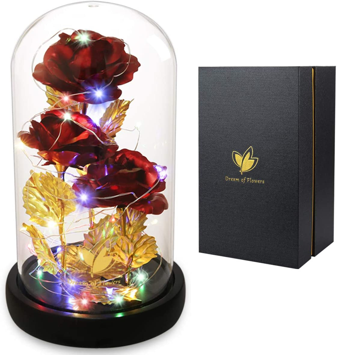Mothers Day Forever Gifts for Mom, Colorful Flowers Rose in Glass Dome,Galaxy Flowers Rose with 2 Lighted Mode,Rainbow Rose Birthday Gifts for Women,Wife Girlfriend Daughter，Anniversary,Valentines