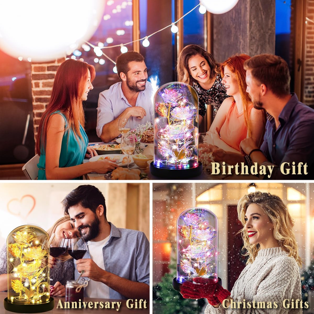 Mothers Day Forever Gifts for Mom, Colorful Flowers Rose in Glass Dome,Galaxy Flowers Rose with 2 Lighted Mode,Rainbow Rose Birthday Gifts for Women,Wife Girlfriend Daughter，Anniversary,Valentines