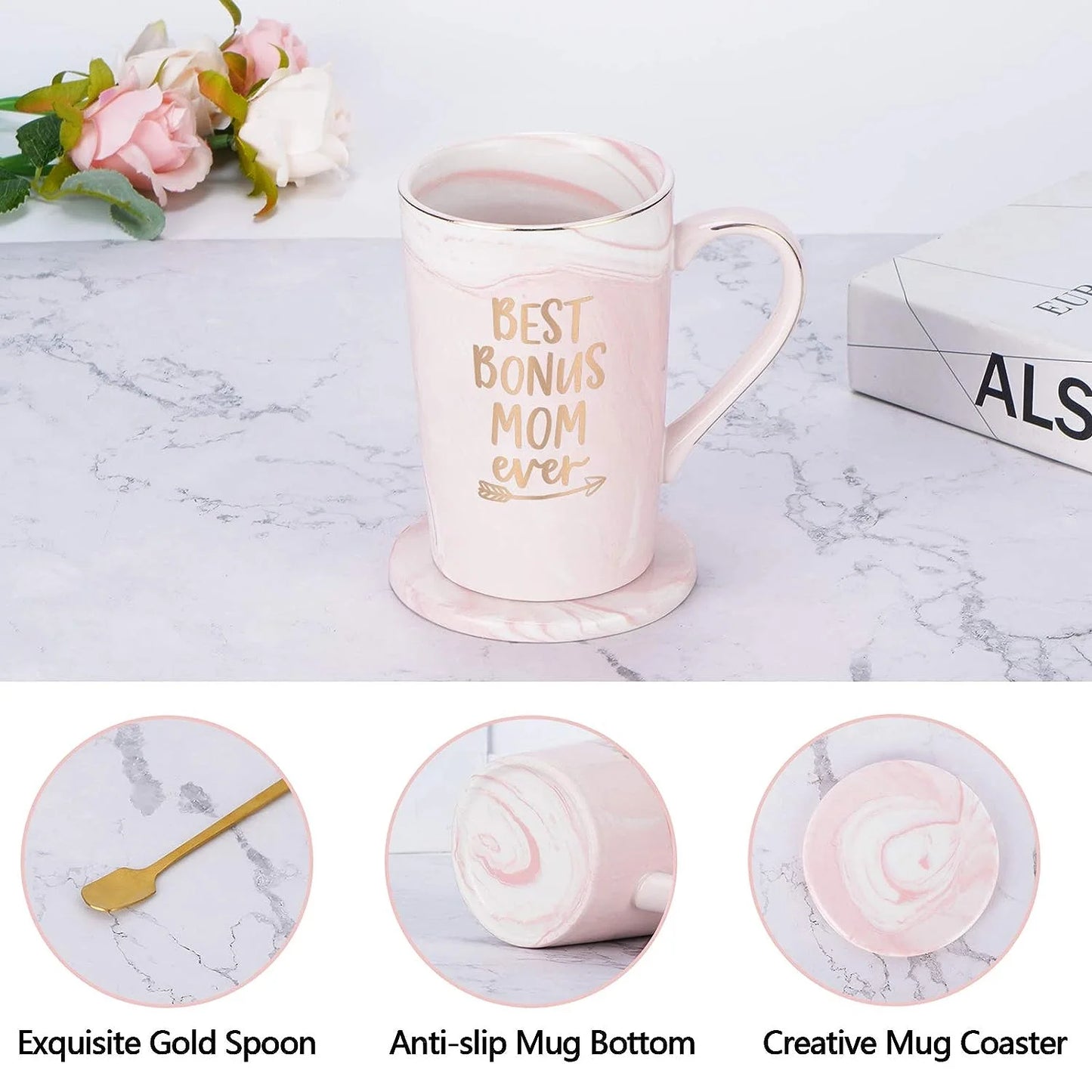 Gifts for Mom -  Best Bonus Mom Ever Coffee Mug, Mother'S Day Gifts, Christmas Gifts, Birthday Gifts, 14 Fl Oz Pink Coffee Mugs Ceramic Coffee Mug Tea Cup