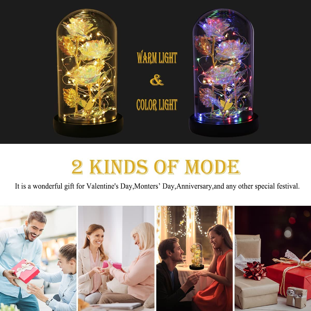 Mothers Day Forever Gifts for Mom, Colorful Flowers Rose in Glass Dome,Galaxy Flowers Rose with 2 Lighted Mode,Rainbow Rose Birthday Gifts for Women,Wife Girlfriend Daughter，Anniversary,Valentines
