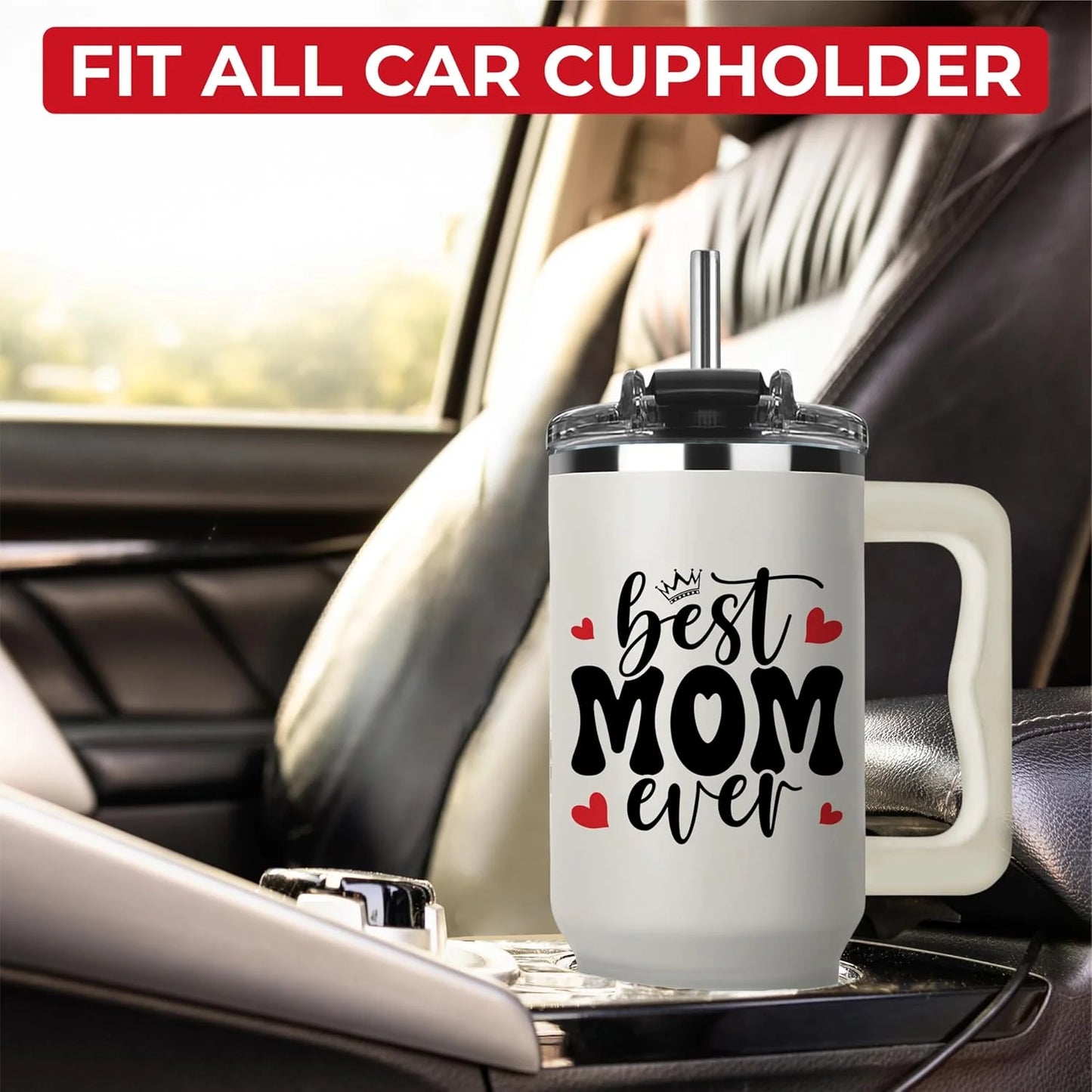 Best Mom Ever Tumbler with Handle 40Oz, Mommy Coffee Mug, Mama Tumblers, Momma Gift Ideas, Funny Birthday Present for Her, Cute Mother Day Gift Tumbler, Mom Cup