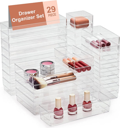 22-Piece Drawer Organizer with Non-Slip Silicone Pads, 4-Size Clear Desk Drawer Organizer Trays Storage Tray for Makeup, Jewelries, Utensils in Bedroom Dresser, Office and Kitchen, Clear