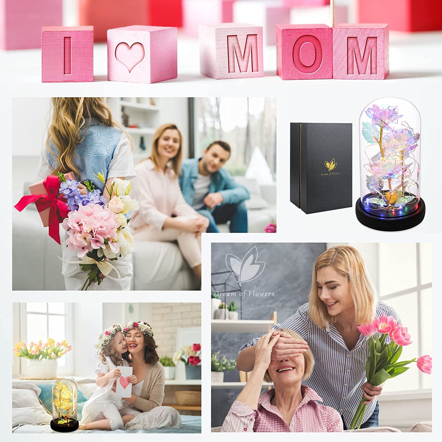 Mothers Day Forever Gifts for Mom, Colorful Flowers Rose in Glass Dome,Galaxy Flowers Rose with 2 Lighted Mode,Rainbow Rose Birthday Gifts for Women,Wife Girlfriend Daughter，Anniversary,Valentines