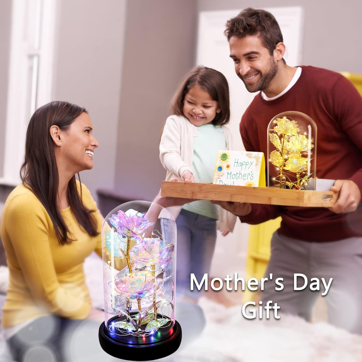 Mothers Day Forever Gifts for Mom, Colorful Flowers Rose in Glass Dome,Galaxy Flowers Rose with 2 Lighted Mode,Rainbow Rose Birthday Gifts for Women,Wife Girlfriend Daughter，Anniversary,Valentines