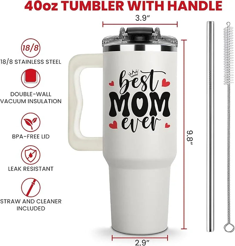 Best Mom Ever Tumbler with Handle 40Oz, Mommy Coffee Mug, Mama Tumblers, Momma Gift Ideas, Funny Birthday Present for Her, Cute Mother Day Gift Tumbler, Mom Cup