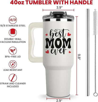 Best Mom Ever Tumbler with Handle 40Oz, Mommy Coffee Mug, Mama Tumblers, Momma Gift Ideas, Funny Birthday Present for Her, Cute Mother Day Gift Tumbler, Mom Cup