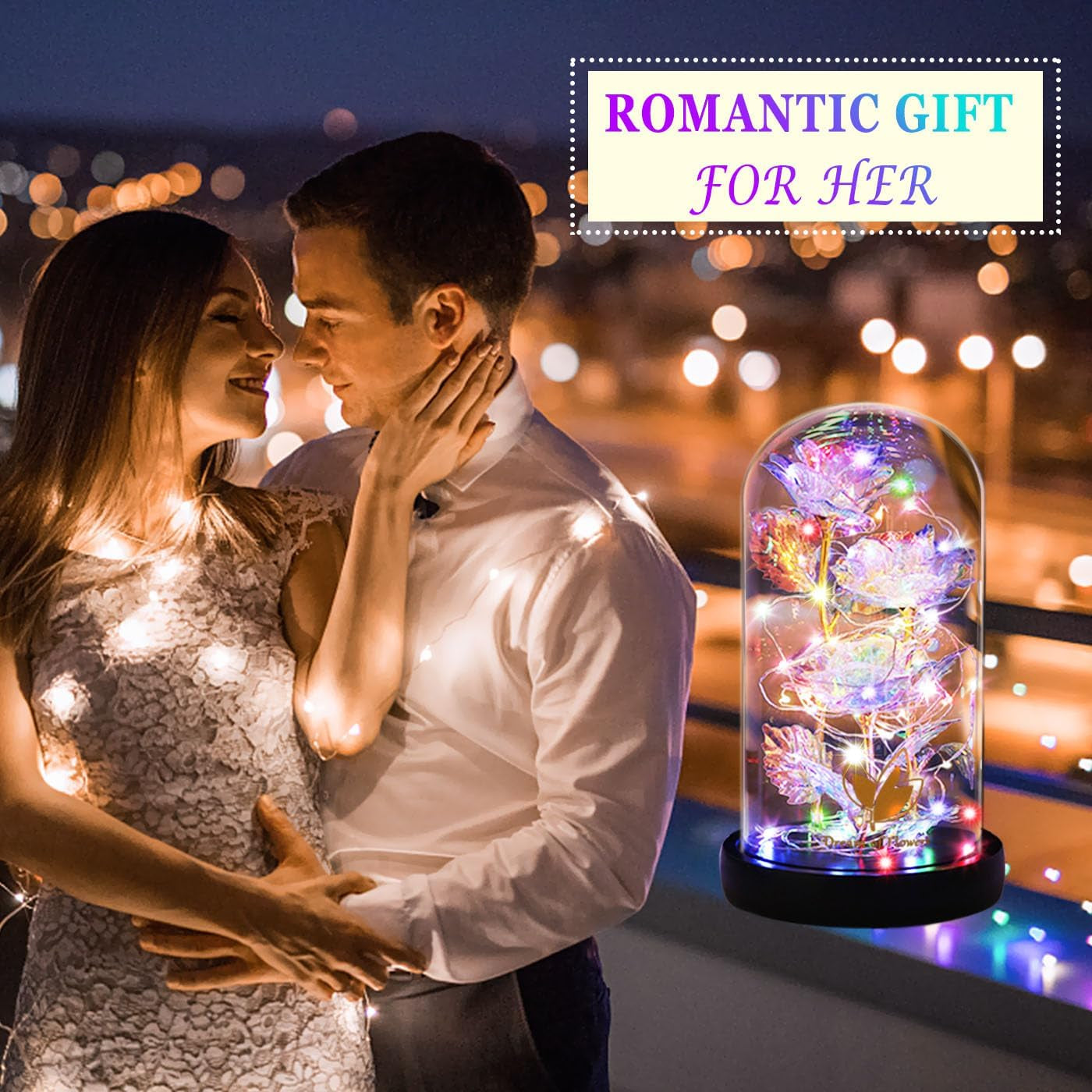 Mothers Day Forever Gifts for Mom, Colorful Flowers Rose in Glass Dome,Galaxy Flowers Rose with 2 Lighted Mode,Rainbow Rose Birthday Gifts for Women,Wife Girlfriend Daughter，Anniversary,Valentines